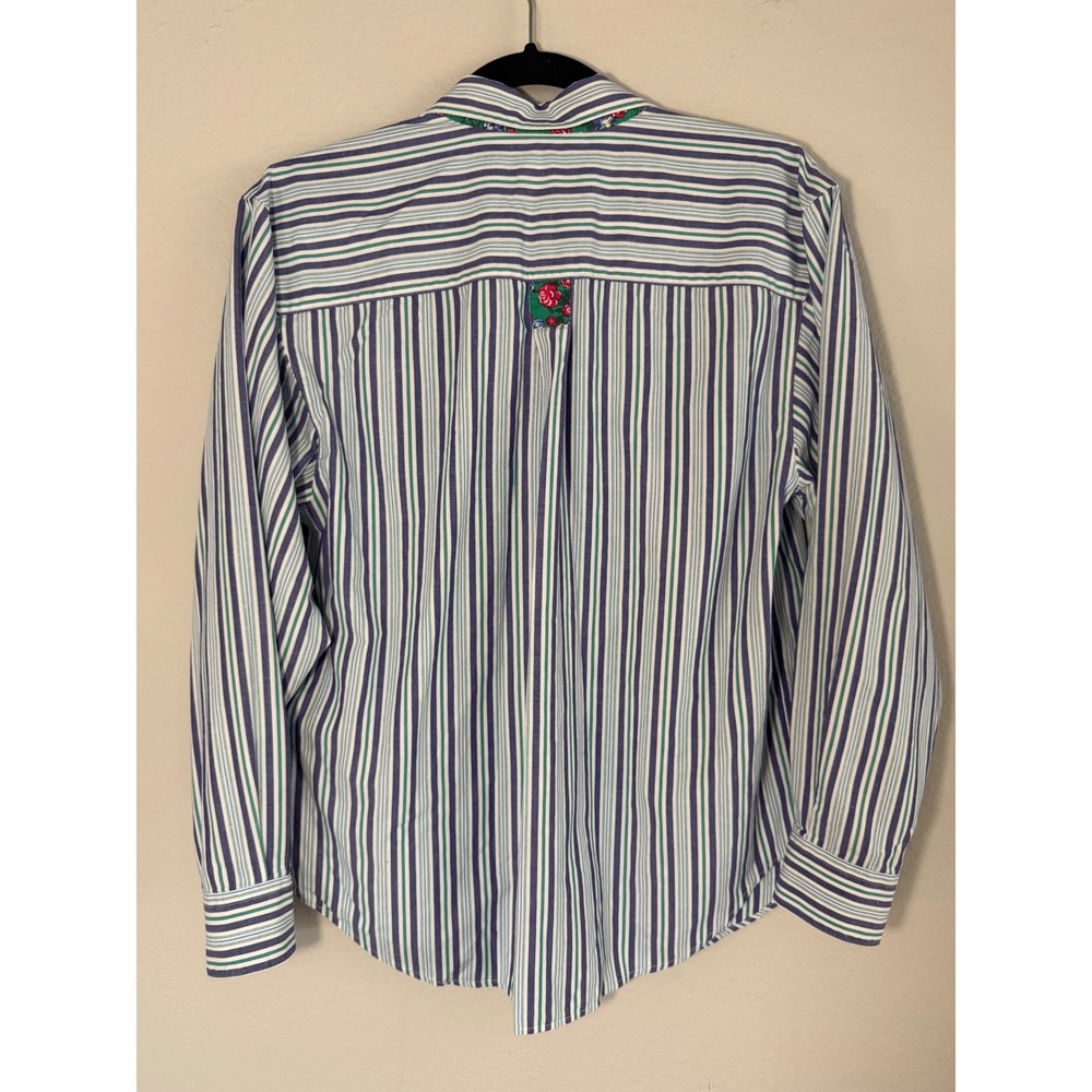 Vintage Talbots Striped Cotton Button Down Shirt Floral Trim Blue Green Small - Picture 3 of 4